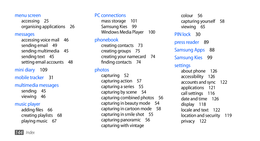 Samsung GT-I9000HKADBT manual Accessing Organising applications , 121, 126, 118, 122, Location and security 119 privacy  